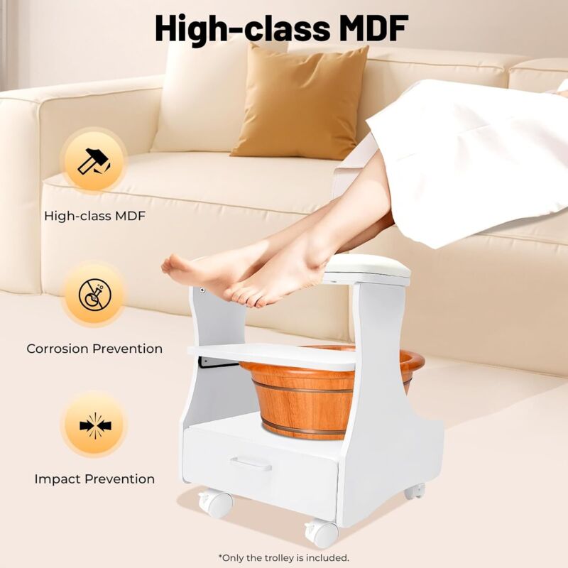 Chaise de Pédicure Mobile Avec Tiroirs, Chariot de Bain de Pieds Avec Roulettes pour Manucure et Massage Blanc