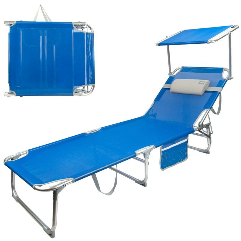 Aktive 62649 - Bain de soleil pliant avec parasol Bain de soleil avec coussin, 188x58x30 cm Bain de soleil d'extérieur aluminium bleu Poids max. 110