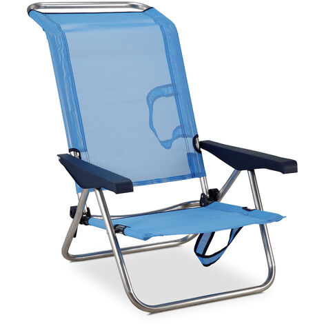 Chaise de Plage Lit Pliable Solenny 4 Positions Bleu Dossier Bas avec Accoudoirs 77x60x83 cm