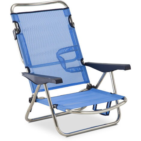 Chaise de Plage Lit Pliable Solenny 4 Positions Bleu Dossier Bas avec Accoudoirs 81x62x86 cm