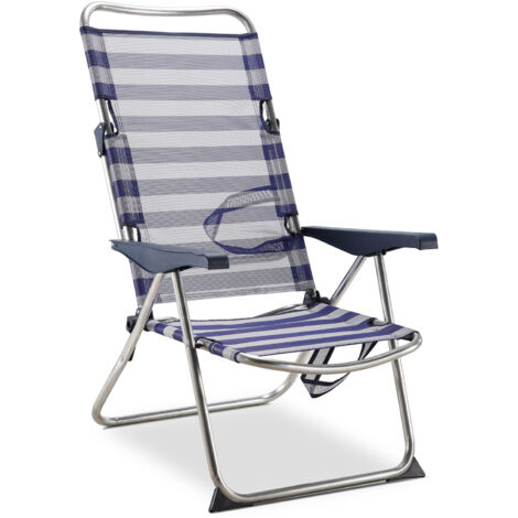 Chaise de Plage Lit Pliable Solenny 4 Positions Bleu et Blanc avec Accoudoirs 91x63x105 cm