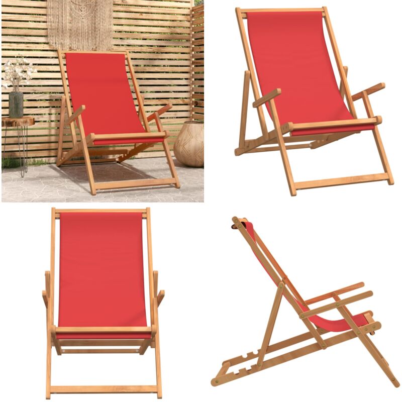 Chaise de plage pliable Bois de teck solide Rouge - Chaise Pliante - Chaise De Jardin - Chaise De Plage - Meuble De Jardin - Teck - Home & Living