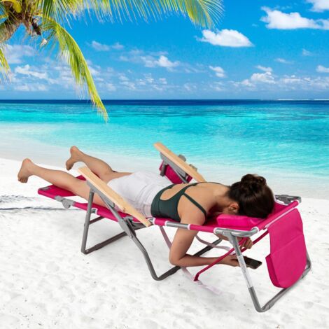 Chaise de Plage Pliante 3 en 1 avec Trou pour le Visage Repose-pieds Dossier Réglable Oreiller Fauteuil Inclinable Portable Rouge