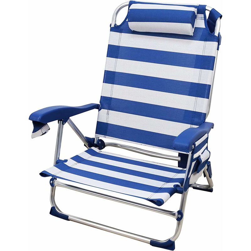 Chaise de plage pliante avec appui-tête jusqu'à 5 positions. Chaises pour la plage, le camping, le jardin en aluminium et textilène. Couleur rayures
