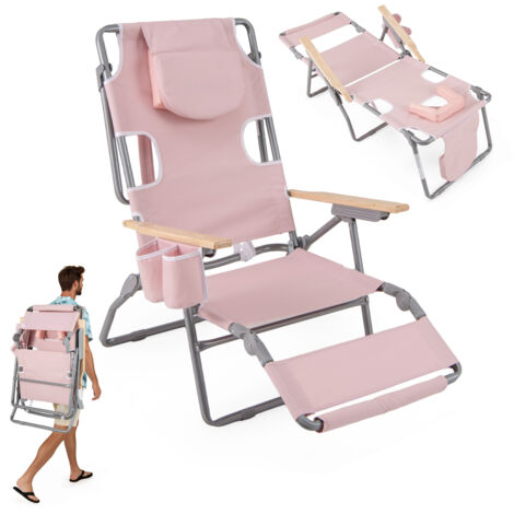 Chaise de Plage Pliante avec Trou pour le Visage, Repose-pieds, Dossier Réglable, Oreiller, Fauteuil Inclinable Portable pour Bain de Soleil, Beige