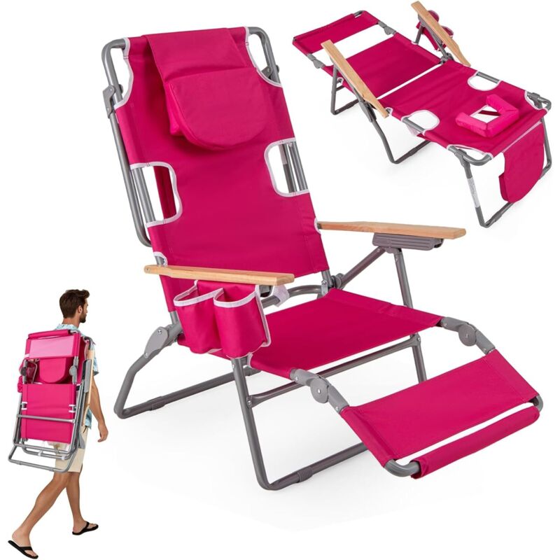 Chaise de Plage Pliante avec Trou pour le Visage, Repose-pieds, Dossier Réglable, Oreiller, Fauteuil Inclinable Portable pour Bain de Soleil, Rose