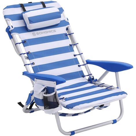Chaise de Plage Portable avec Appui-tête, Siège d'extérieur, Dossier Haut réglable jusqu'à 180 °, avec Porte-gobelet et Poche, accoudoirs, Charge 150 kg