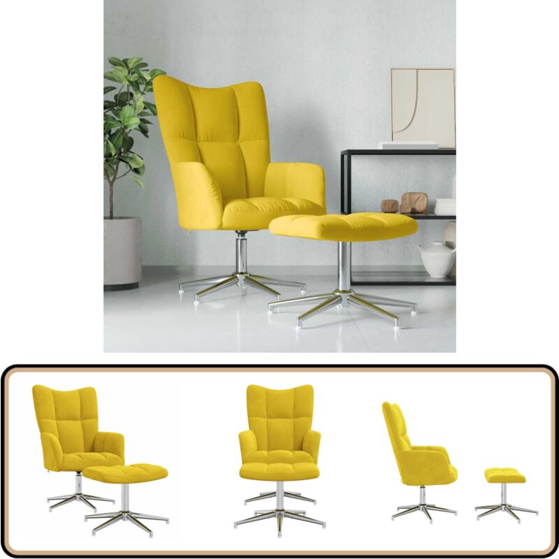 Chaise de relaxation avec tabouret Jaune moutarde Velours - Fauteuil Relaxant - Chaise Lounge - Chaise Pivotante - Mobilier Moderne - Décoration