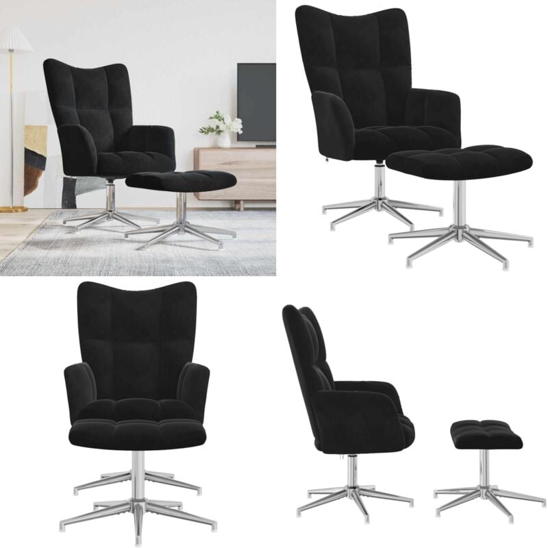 Chaise de relaxation avec tabouret Noir Velours - Fauteuil Relaxant - Chaise De Détente - Chaise Pivotante - Fauteuil Noir - Mobilier Moderne - Home