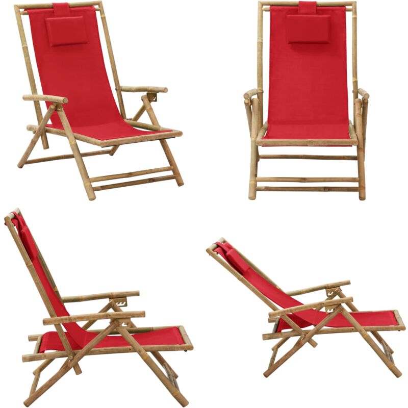 Chaise de relaxation inclinable Rouge Bambou et tissu - Chaises De Jardin - Chaises Pliantes - Chaise Relaxante - Mobilier De Jardin - Fauteuil De