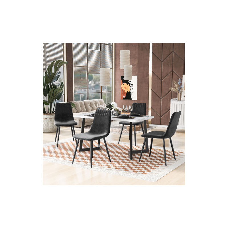 4 Chaises de salle à manger en velours noir, chaises de salon avec dossier et assise rembourré, structure métallique