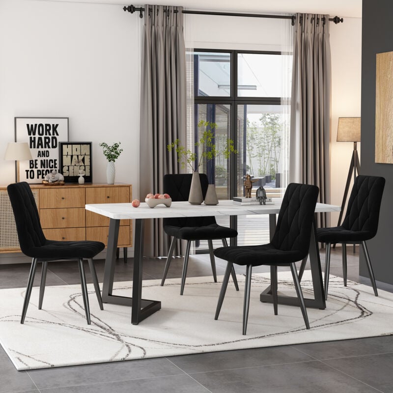 Okwish - Lot de 4 chaise de salle à amnger, chaise de cuisine rembourré avec dossier et pieds en métal, noir, pour salon, chambre et salle à manger
