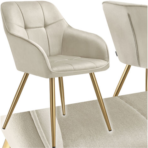Tectake – Chaise Marilyn velours capitonné crème/doré – Conception ergonomique – Accoudoirs et dossier continus – Hauteur d'assise 47 cm