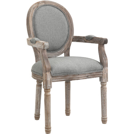Chaise de salle à manger chaise de salon médaillon style Louis XVI bois massif patiné sculpté tissu lin gris - Gris