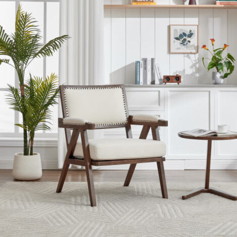 Chaise de salle à manger, clous décoratifs, pour salon et chambre, cadre en bois massif, en lin, beige