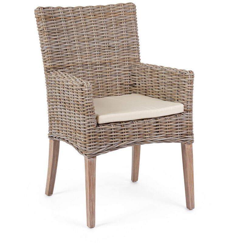 Chaise de salle à manger en acajou et tressage Kubu avec coussin, naturel