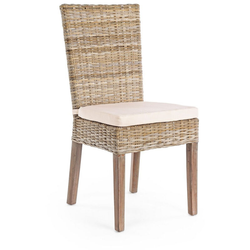 Chaise de salle à manger en acajou et tressage Kubu avec coussin, naturel