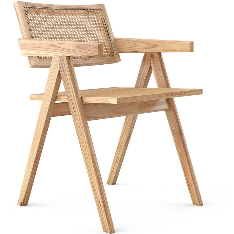 chaise de salle à manger en rotin canné - avec accoudoirs - kane bois naturel - rotin, bois - bois naturel