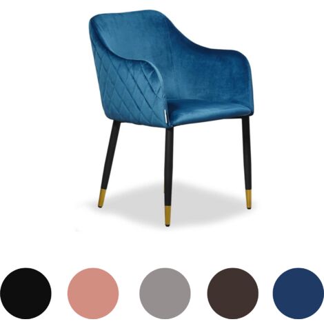 Chaise de salle à manger en velours bleu – Pieds en métal avec embouts dorés – Matelassée en losange – Hauteur 81 cm – Largeur 55 cm – Pn Home