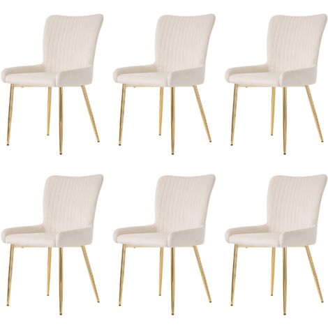 Chaise de salle à manger en velours, chaise longue avec quatre pieds en métal doré, beige-Ensemble de 6