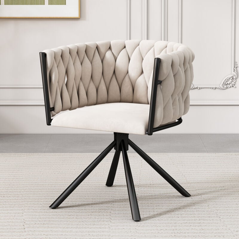 Wishdor - Chaise de salle à manger en velours beige, chaise pivotante à 360 degrés, avec quatre pieds en métal noir