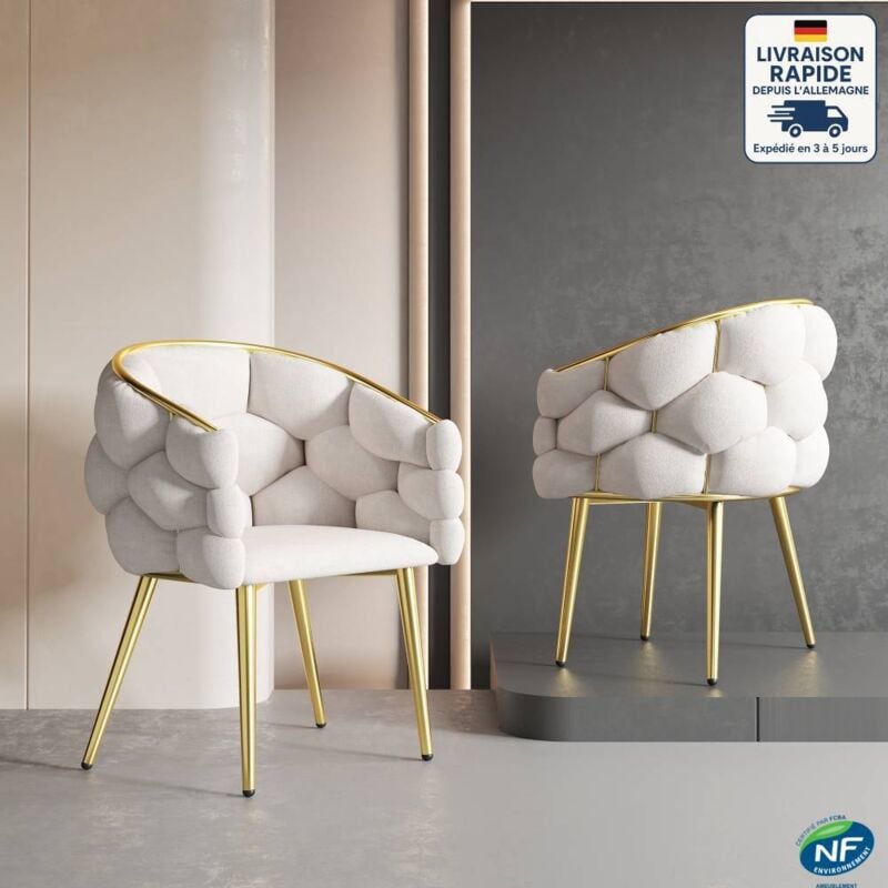 Chaise de salle à manger en velours, fauteuil, pieds en métal doré, beige, 1 pièce