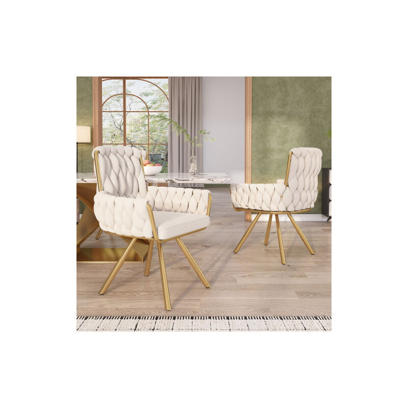 Wishdor - Lot de 2 chaise de salle à manger en velours beige, chaise pivotante, pieds de support en métal