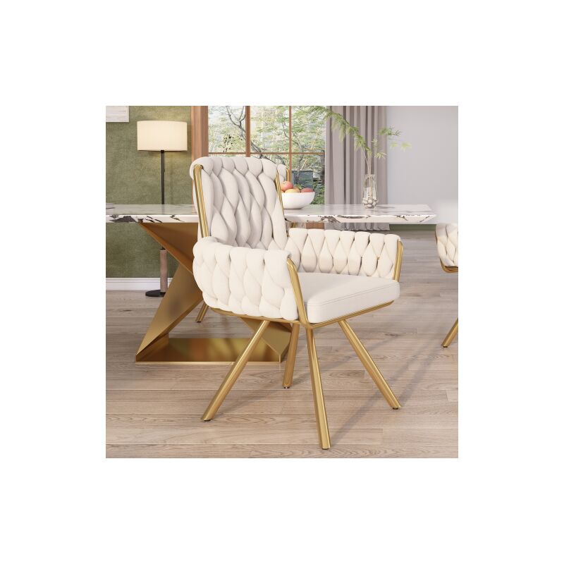 Chaise de salle à manger en velours beige, chaise pivotante, pieds de support en métal