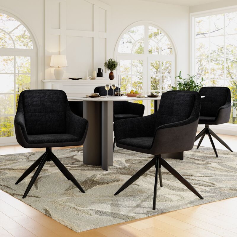 Chaise de salle à manger en velours pivotant à 360 degrés avec dossier, fauteuil rembourré, pieds en métal, noir, 4 pcs