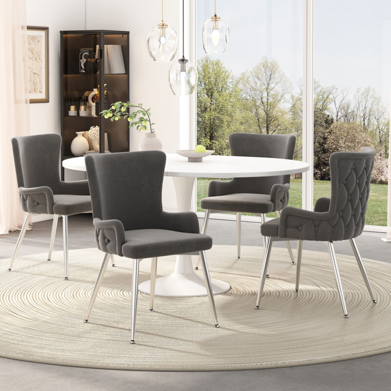 Hauss Spole - Chaise de salle à manger, fauteuil, pieds en métal, velours, 4pcs, gris + argent