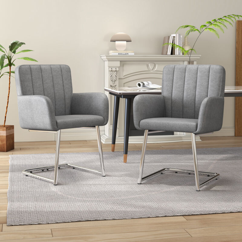 Hauss Spole - Chaise de salle à manger, fauteuil rembourré, chaise de bureau, rayures verticales, pieds en métal, simili cuir, gris, 2 pcs