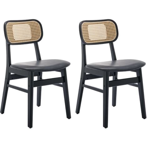 Chaise de Salle à Manger Lot de 2 Chaise en Bois Chaise Rotin Chaise de Cuisine Confortable Pour Cuisine/Restaurant, Cuir PU, Noir