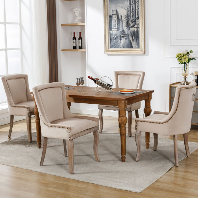 Chaise de Salle à Manger Luxueuse. Rembourrée avec Garniture Cloutée. Pieds en Bois Massif. Beige. 4 Pcs