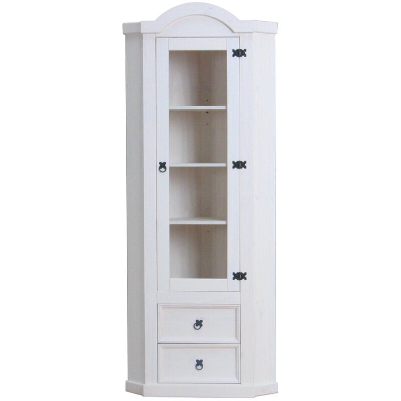 Ebuy24 - New Mexico Armoire d'angle avec 1 porte vitrée et 2 tiroirs, blanc ciré.