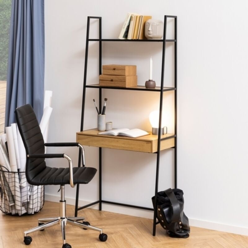 Sea Étagère de bureau, 2 tablettes de rangement, 1 tiroir, teinte naturelle, noir.