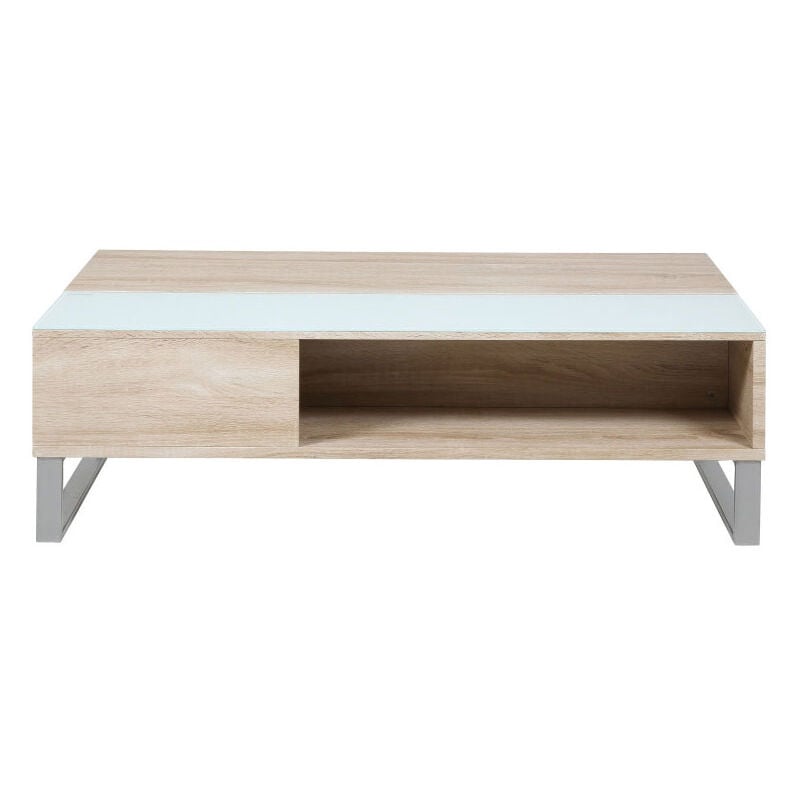 Allan Table de salon avec espace de rangement, en, finition chêne avec plateau en verre blanc et une structure en métal.