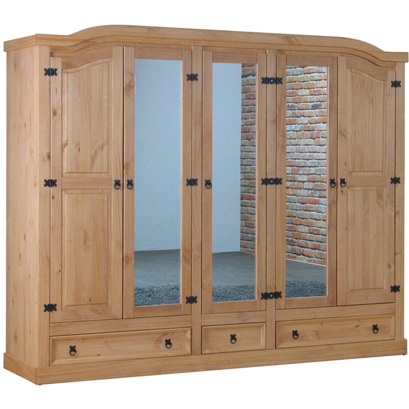 Ebuy24 - New Mexico Armoire 5 portes avec 3 portes miroirs, 2 portes lambrissées et 3 tiroirs, délavés, cirés.