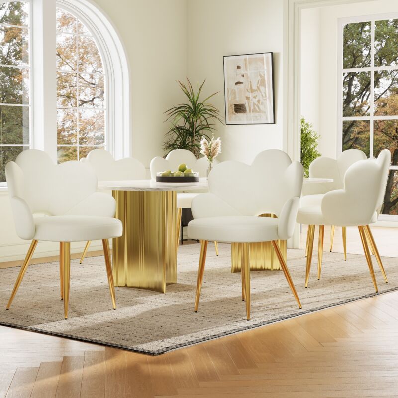 Hauss Spole - Chaise de salle à manger rembourrée avec dossier, pieds en métal, velours, ergonomique, Forme de fleur, blanc, 6 pcs