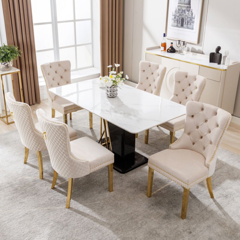 Lot de 6 chaise de salle à manger en velours avec garniture cloutée, pieds en acier inoxydable plaqué or, beige et or