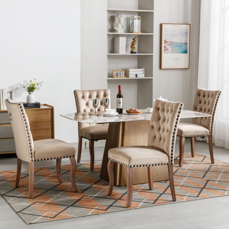 Chaise de Salle à Manger. 4 pcs. Rembourrée avec Garniture Tête de Clou. Pieds en Bois Massif. Camel Clair