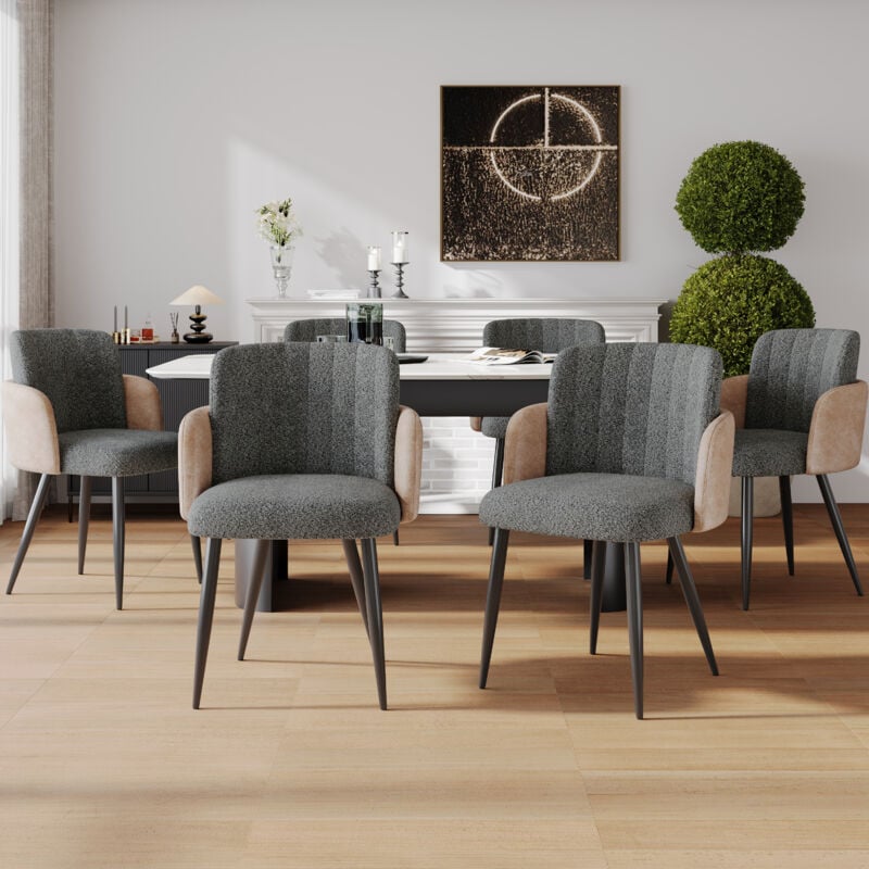 Chaise de salle à manger rembourrée, fauteuil avec dossier, pieds en métal, Sherpa, gris, 6 pièces