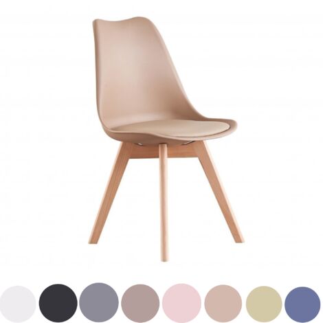 Chaise de salle à manger rétro Lorenzo simple - Rembourrée en similicuir, corps en plastique et pieds en bois massif - Vanille