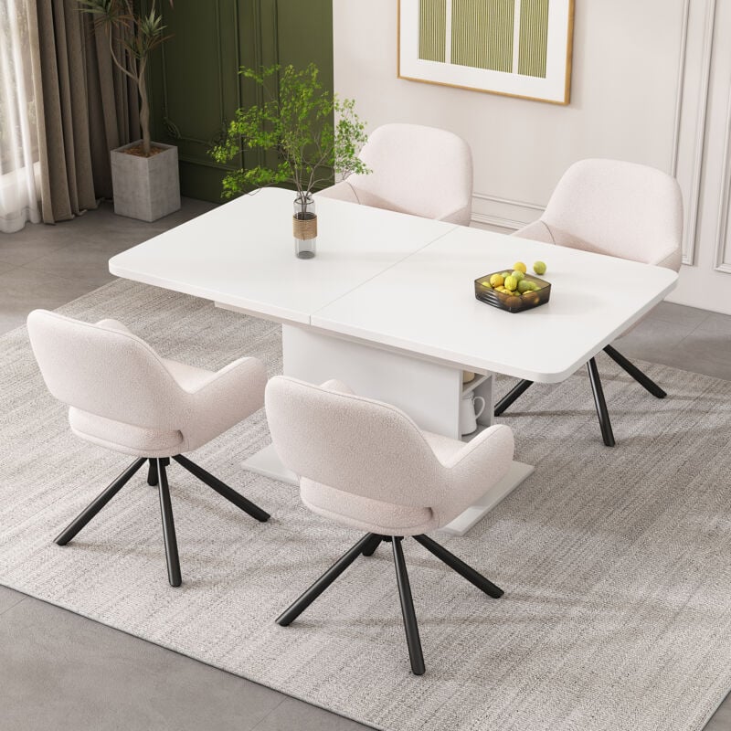 Okwish - Ensemble de salle à manger avec table à manger et 4 chaises, chaise de salle à manger en tissu Sherpa, chaise longue avec quatre pieds en