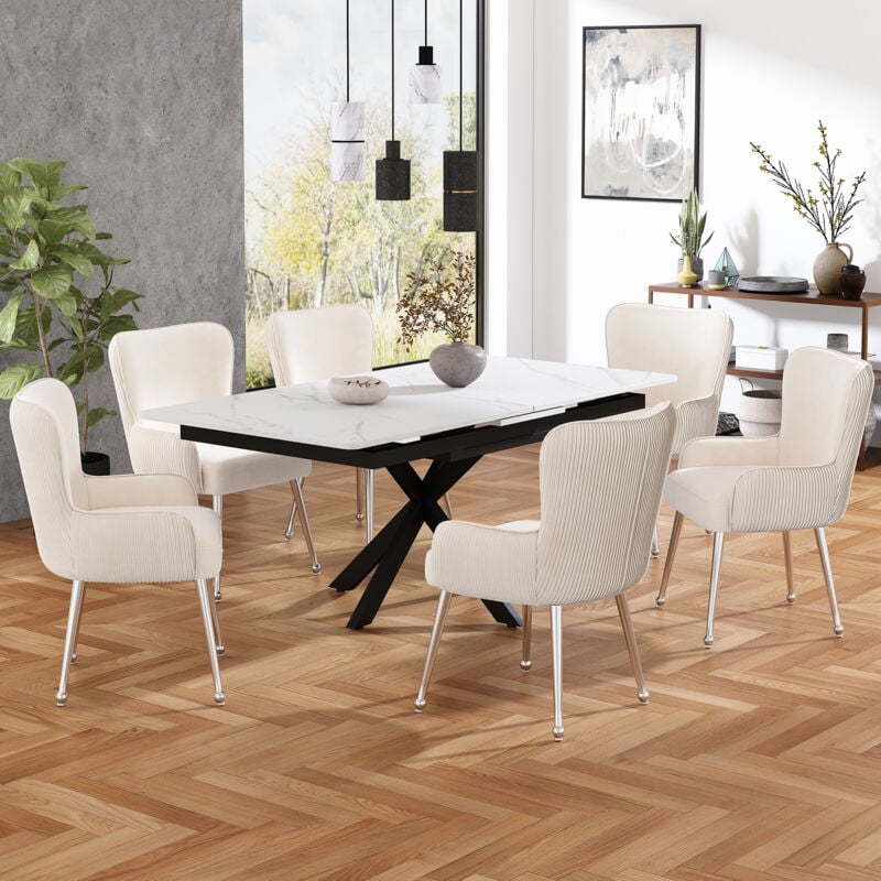 Hauss Spole - Chaise de salle à manger,chambre/salon,pieds en métal, confortable design ergonomique, velours, lot de 6, beige+argent