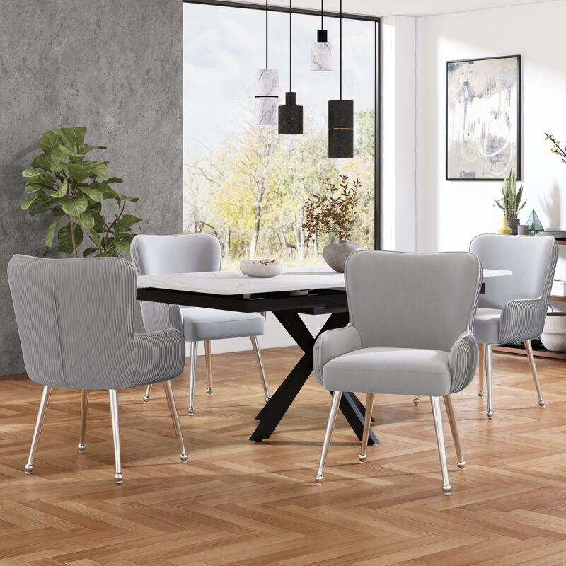 Hauss Spole - Chaise de salle à manger,chambre/salon,pieds en métal, confortable design ergonomique, velours, lot de 4, gris+argent