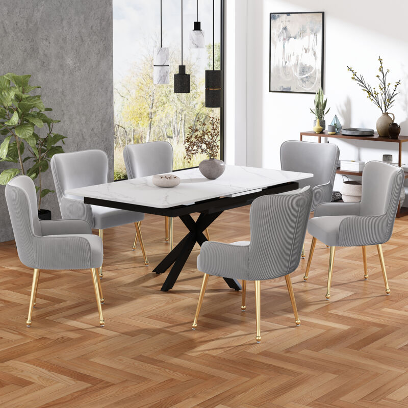 Hauss Spole - Chaise de salle à manger,chambre/salon,pieds en métal, confortable design ergonomique, velours, lot de 6, gris+or
