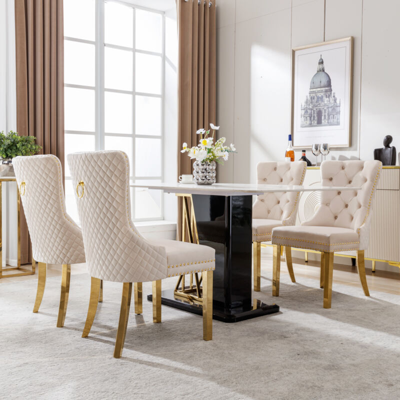 Hauss Spole - Chaise de salle à manger/salon, garniture cloutée, pieds en acier inoxydable, Doux et confortable velours, 4 pcs, beige