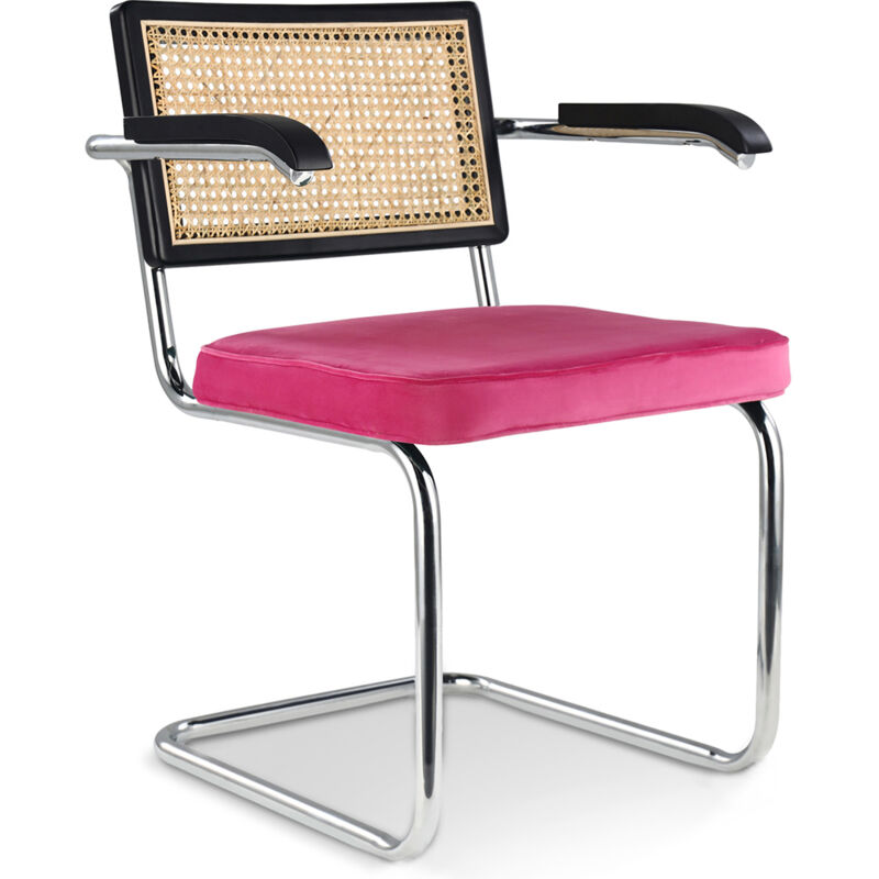 Privatefloor - Chaise de salle à manger avec accoudoirs - Tapisserie en velours - Bois et rotin - Hyre Fuchsia