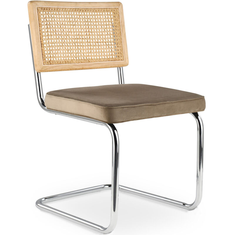 Privatefloor - Chaise de salle à manger - tapissée de velours - Bois et rotin - Martha Beige