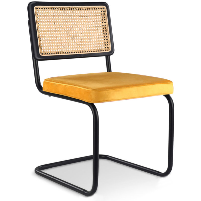 Privatefloor - Chaise de salle à manger - tapissée en velours - Bois et rotin - Puila Moutarde